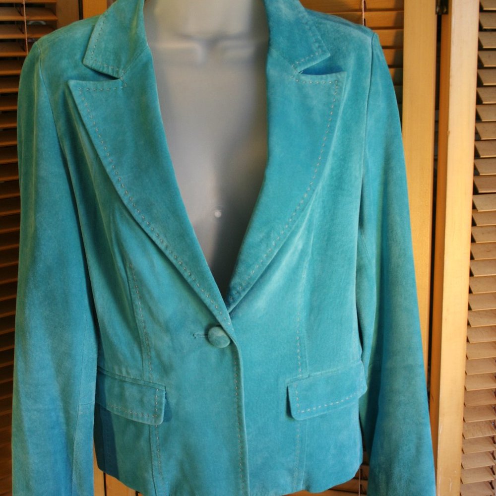 Karen Kane Teal Leather and Lace Lining Jacket Size Small
